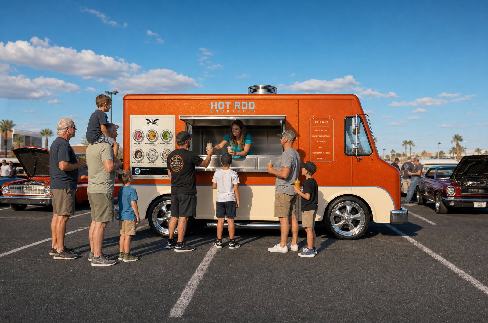 The Hot Rod Smoothies truck parked in the middle of a car show under a blue sky, hoods up on the classic cars behind it, grandads, dads and boys lined up at the window
